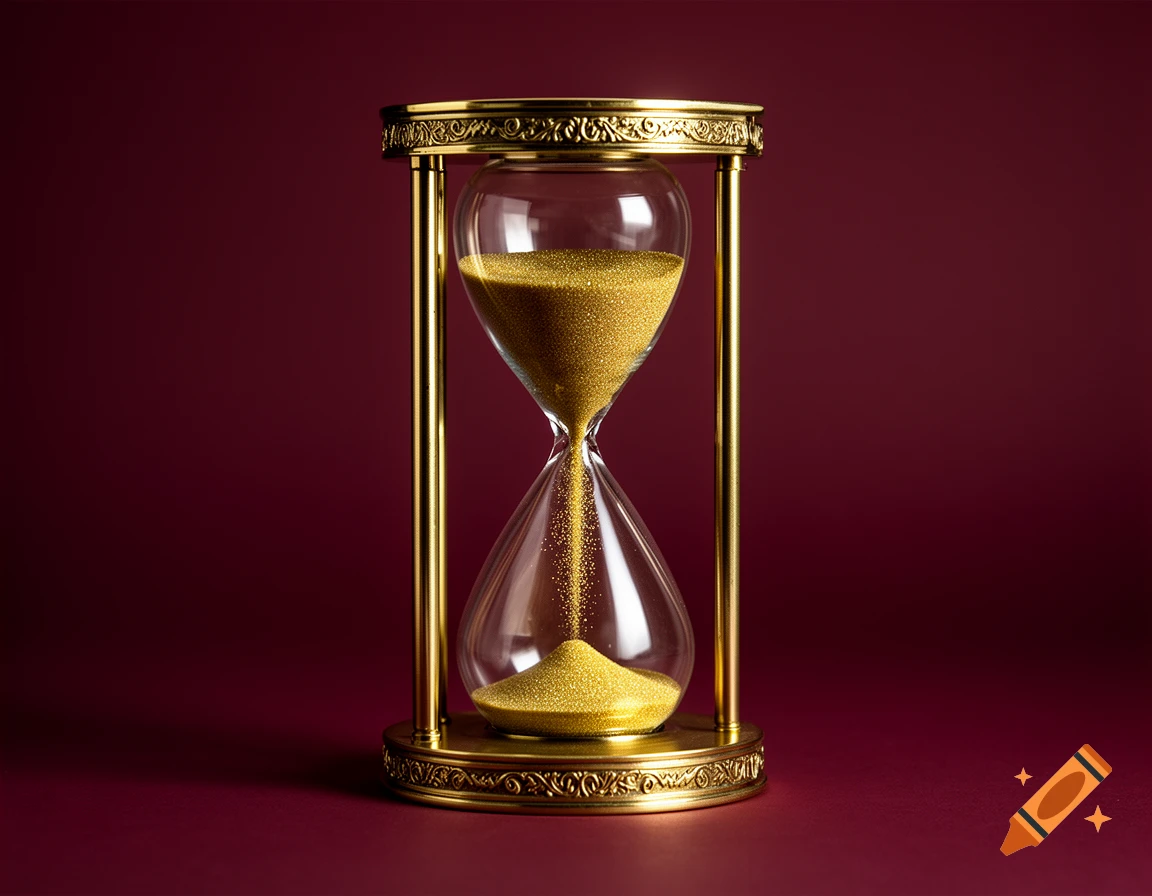 A golden hourglass with golden sand flowing, centered against a dark bordeaux background.
