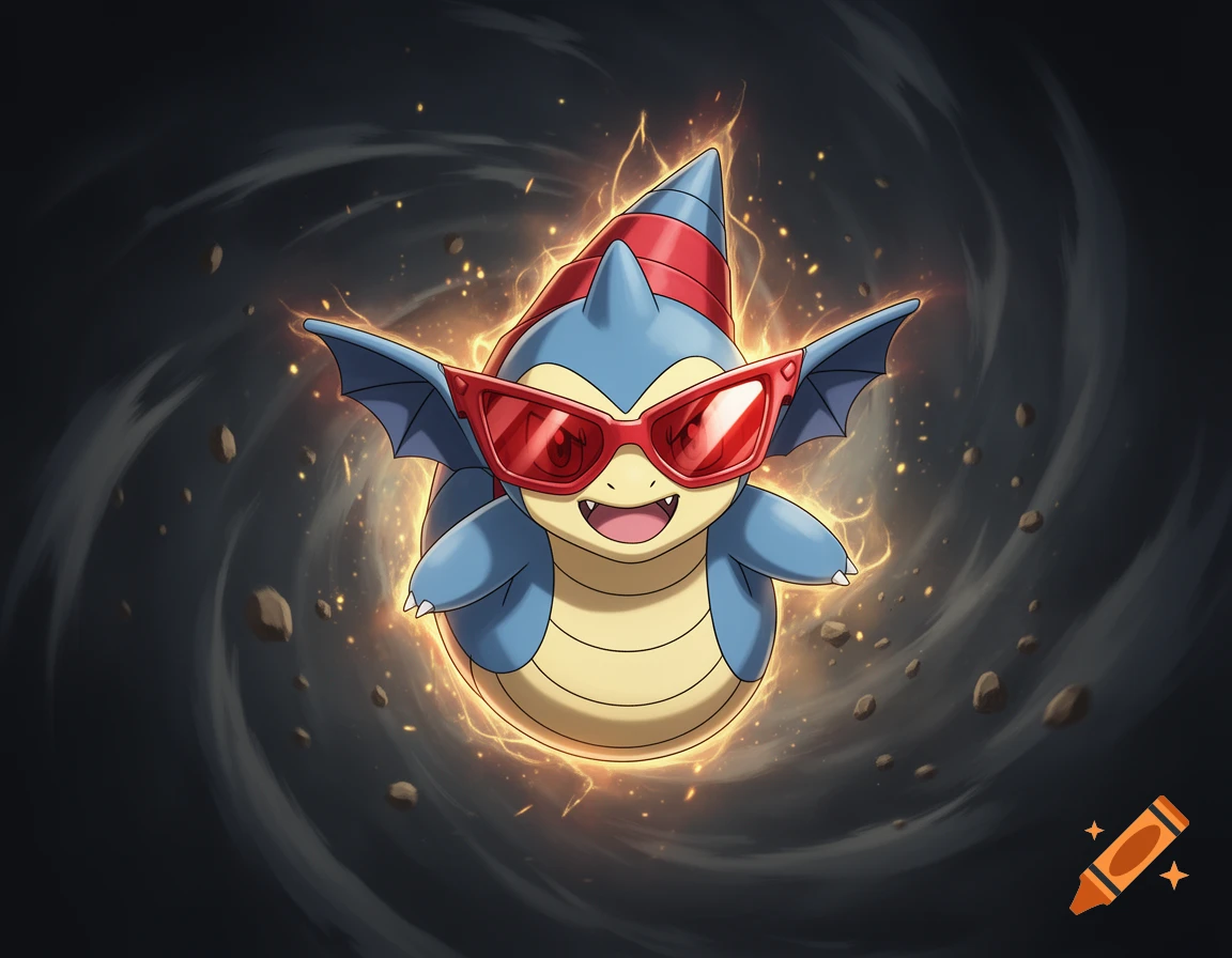An anime-style Dunsparce with oversized red sunglasses, surrounded by an epic energy aura.
