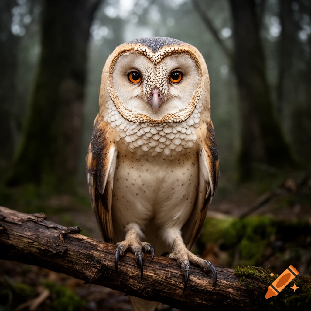 Close-up photorealistic shot of a barn owl with a scaly reptilian face perched on a mossy branch in a foggy forest.