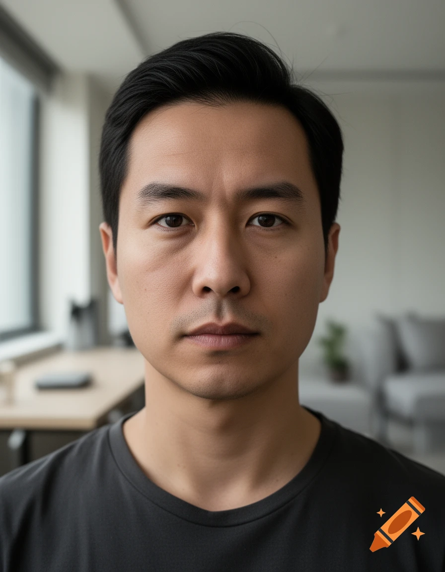 Close-up photorealistic portrait of a middle-aged Asian man with short dark hair and a serious expression.