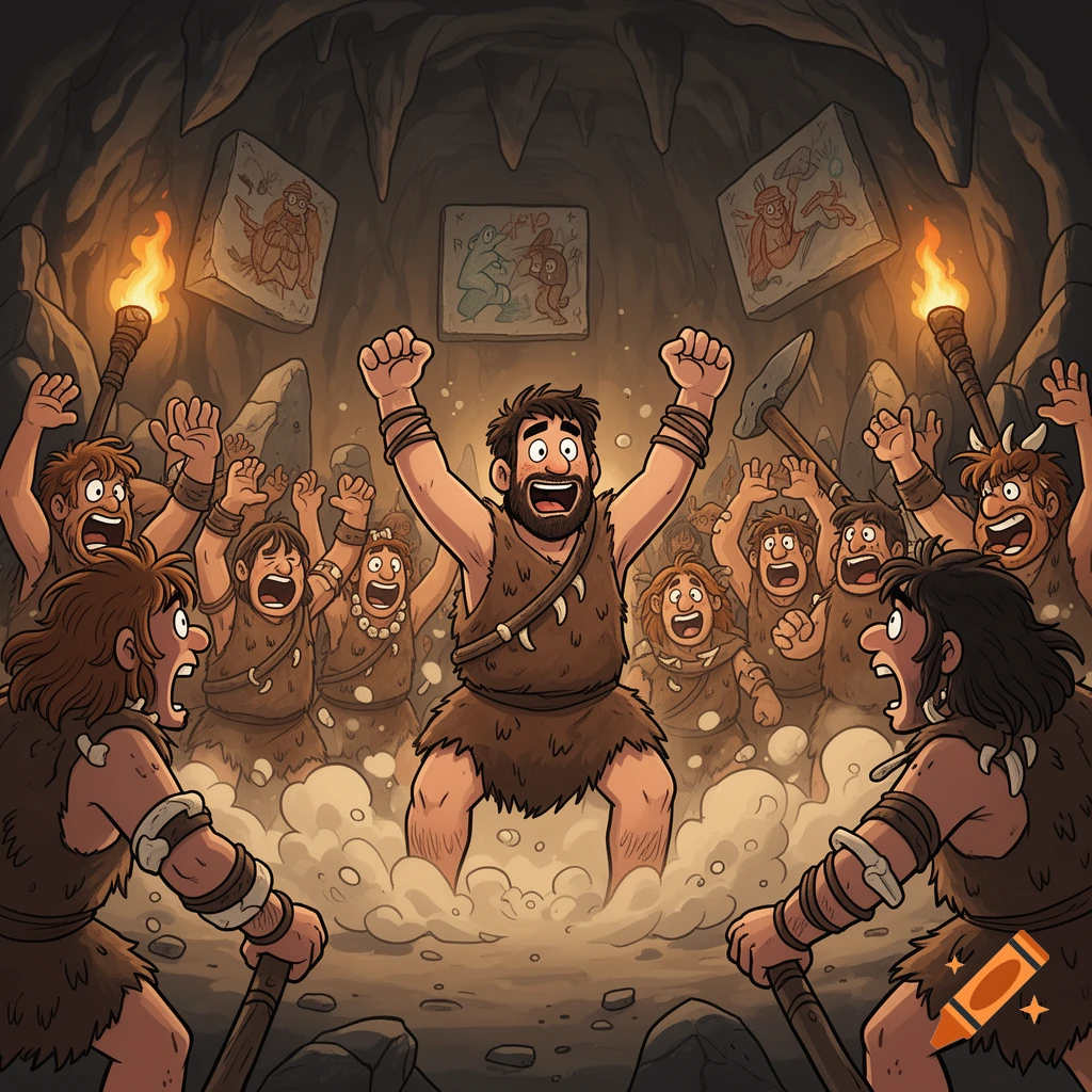 Cartoon illustration of a caveman in a loincloth raising his arms excitedly in a cave mosh pit surrounded by cheering prehistoric people with torches.