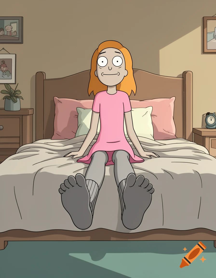 Summer Smith from Rick and Morty sitting on her bed in a pink dress and grey stockings, cartoon style.