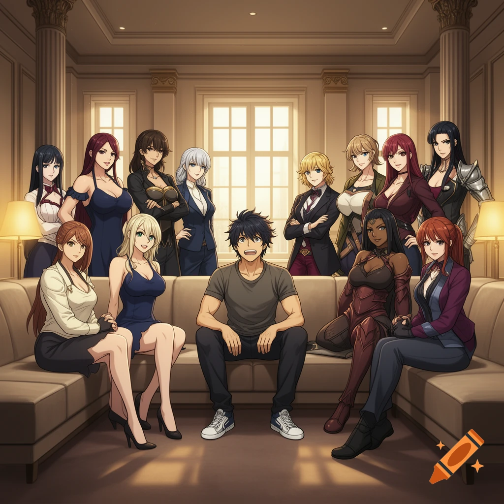 Anime style illustration of a young man sitting on a couch surrounded by ten tall, strong women in a large room.