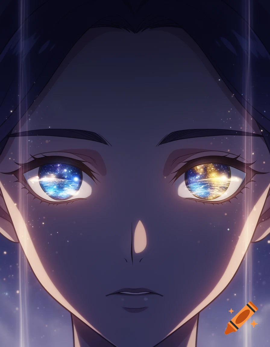 Close-up anime style portrait of a person with a starry galaxy reflected in their glowing eyes.