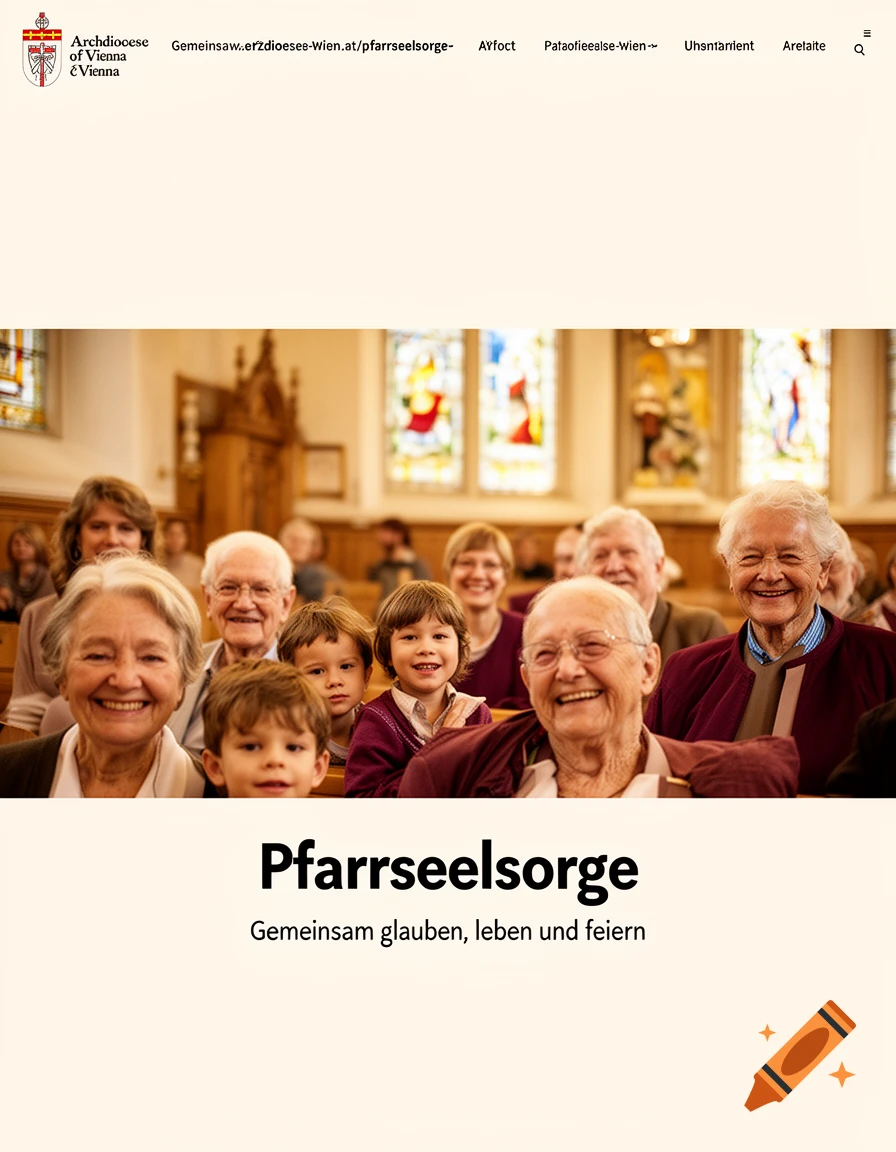 Webpage mockup for a church community featuring a group of smiling elderly people and children inside a church.
