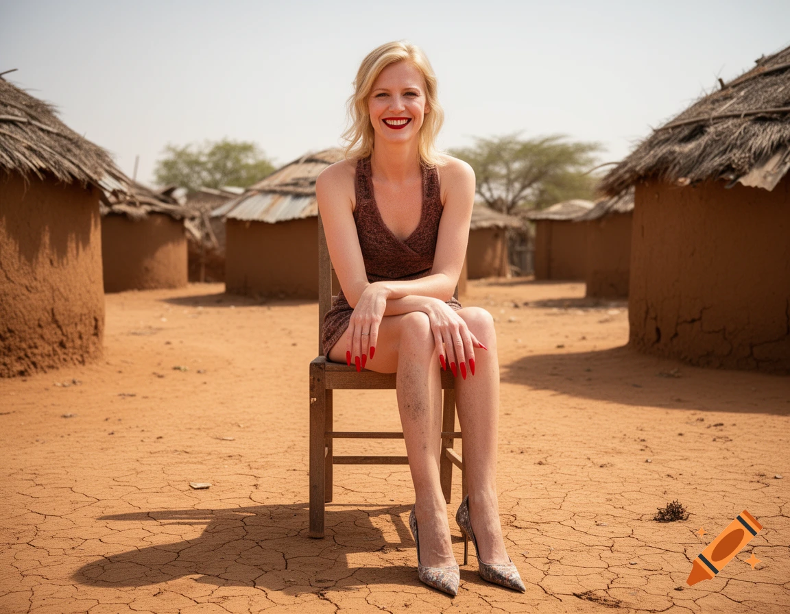 Photorealistic image of a blond woman sitting on a wooden chair in a rural village with round thatched huts and dry cracked soil.