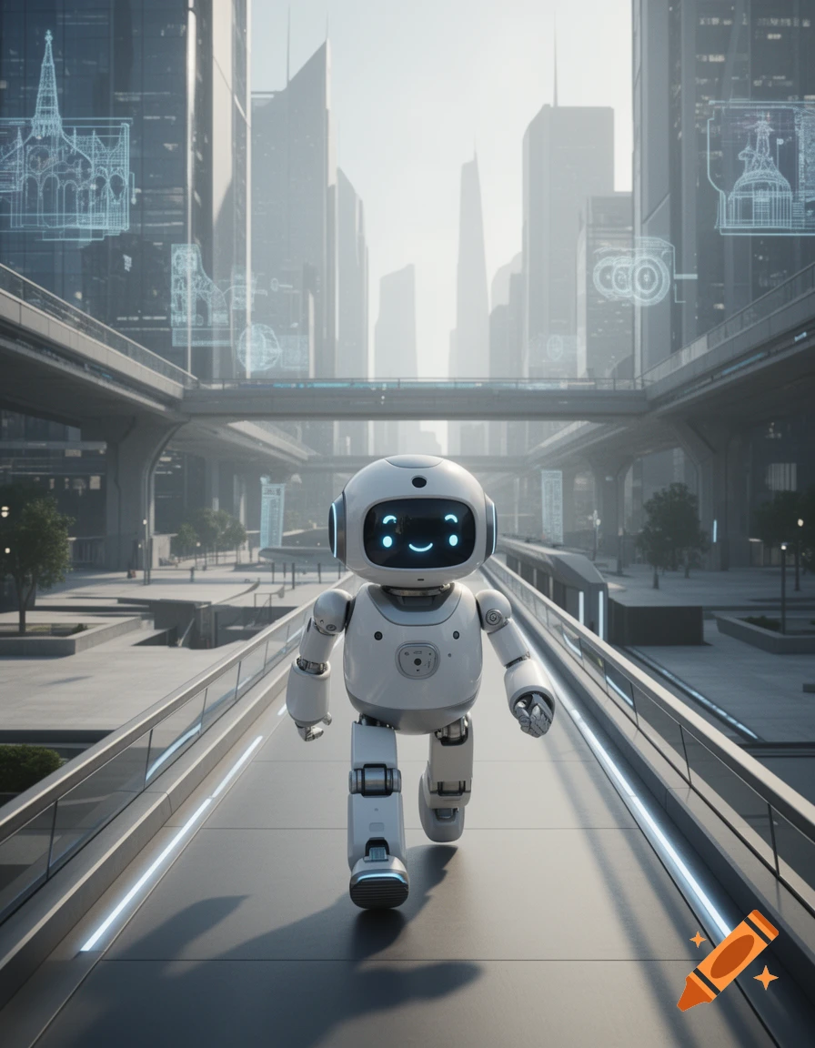 A cute white robot walking on a futuristic elevated walkway amidst towering skyscrapers, photorealistic.