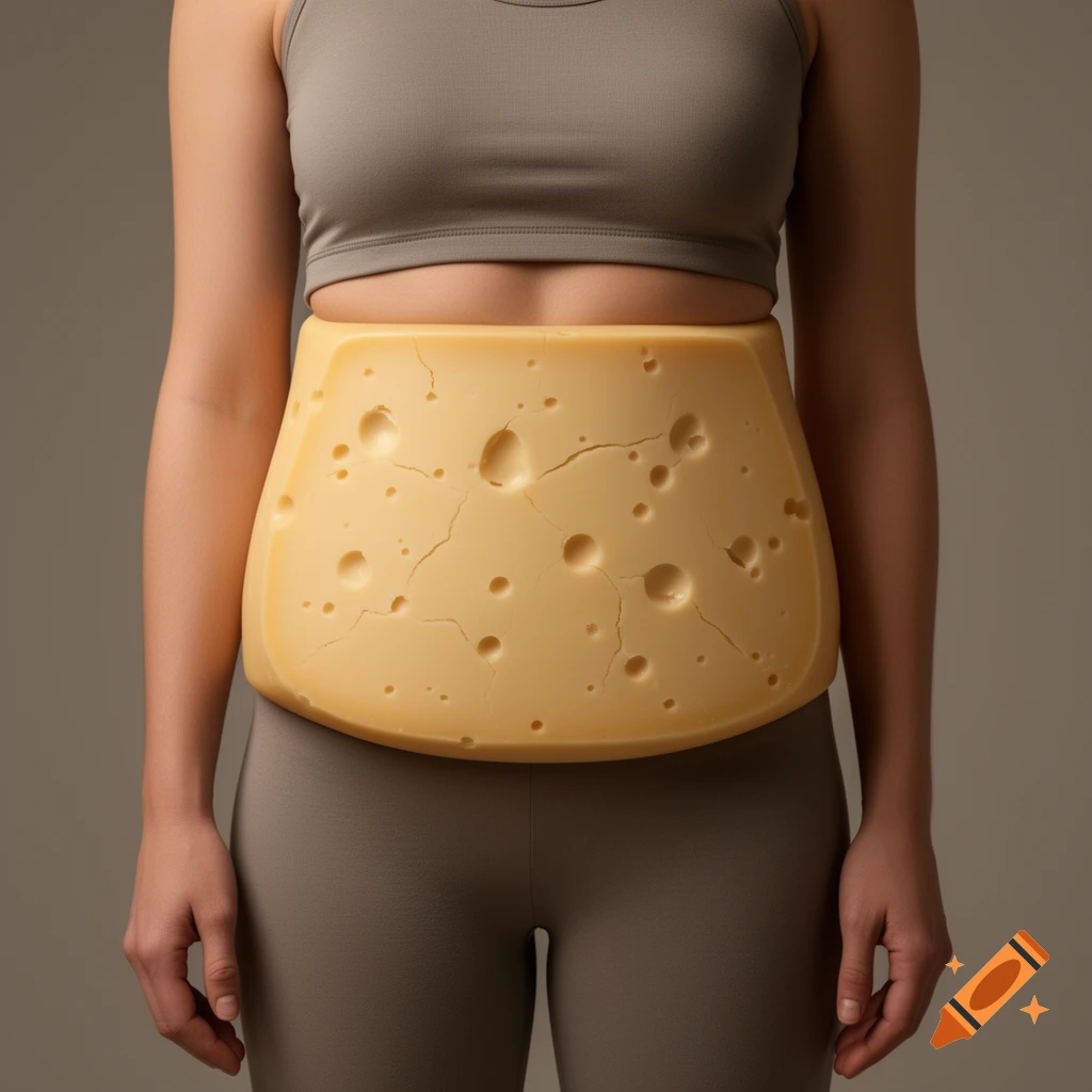 Photorealistic image of a person wearing a block of Swiss cheese as a waist, standing against a neutral background.