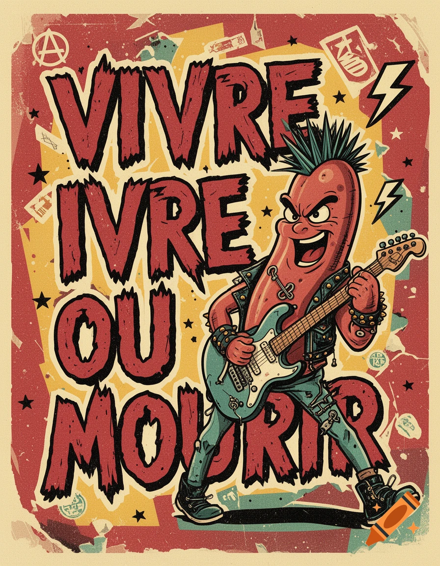 Vintage punk poster illustration with French text reading vivre ivre ou mourir, featuring an anthropomorphic sausage punk playing guitar.