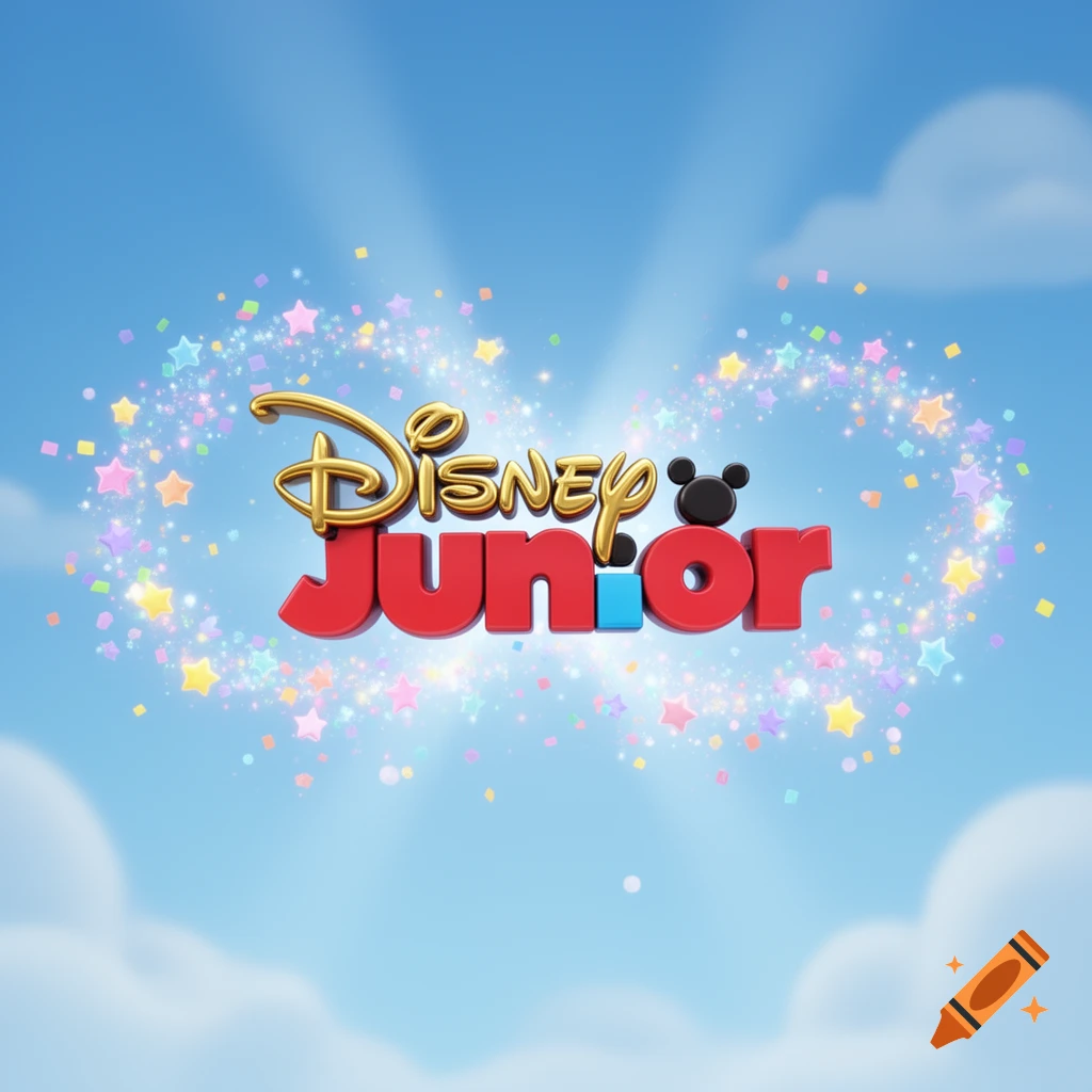 3D Disney Junior logo surrounded by sparkles and colorful stars against a bright blue sky with clouds.
