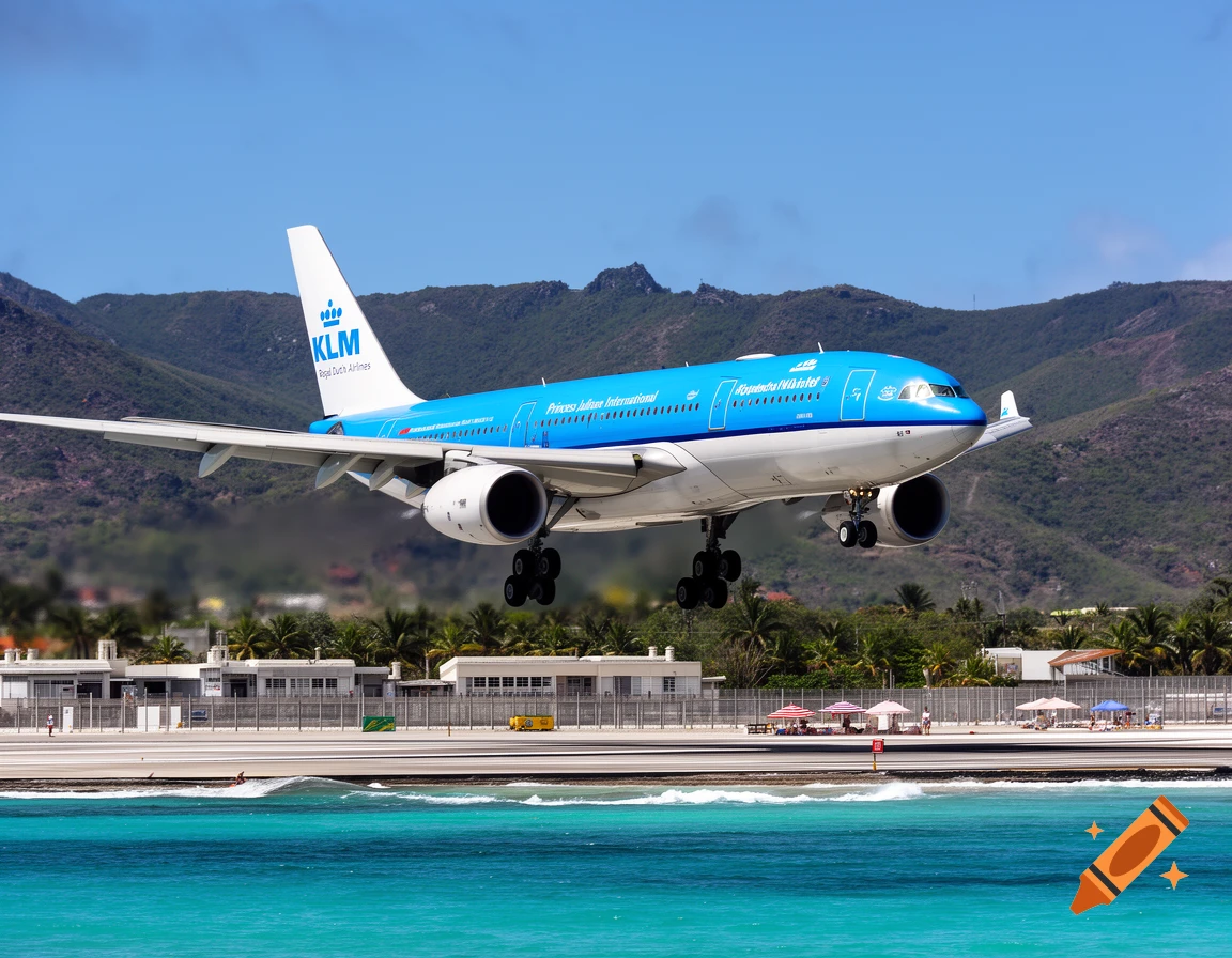 A photorealistic image of a KLM airplane landing at Princess Juliana International Airport over the beach and water.