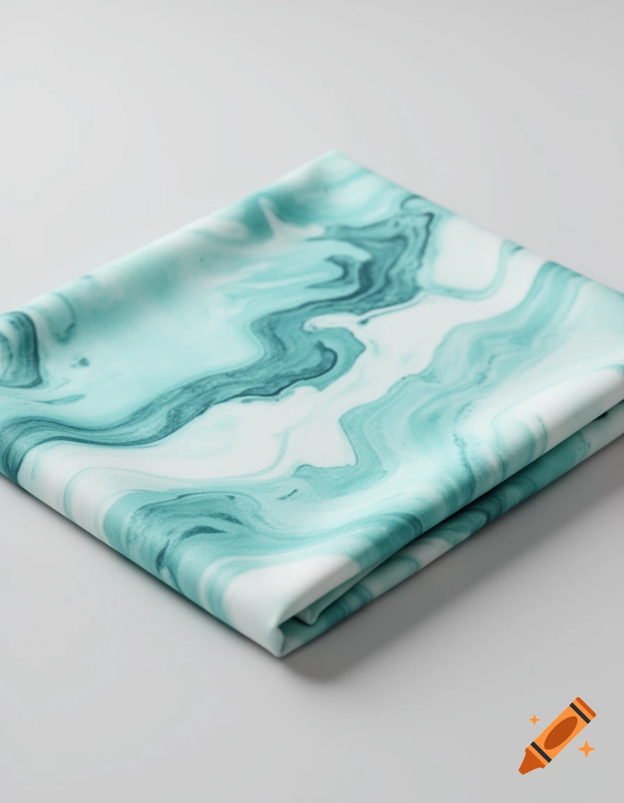 Folded turquoise and white marble-patterned fabric on a light grey surface.