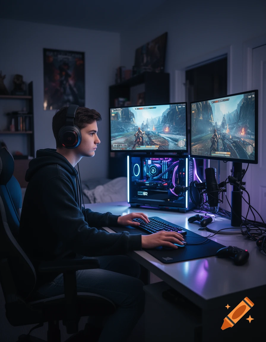 A young man wearing headphones sitting at a desk playing video games on dual monitors in a dark room.