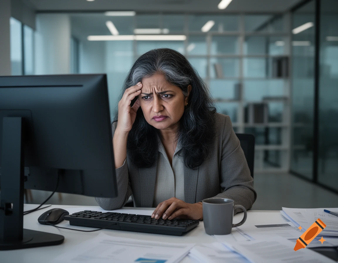 Photorealistic image of an Indian woman in her 50s looking frustrated while working at a computer in an office.