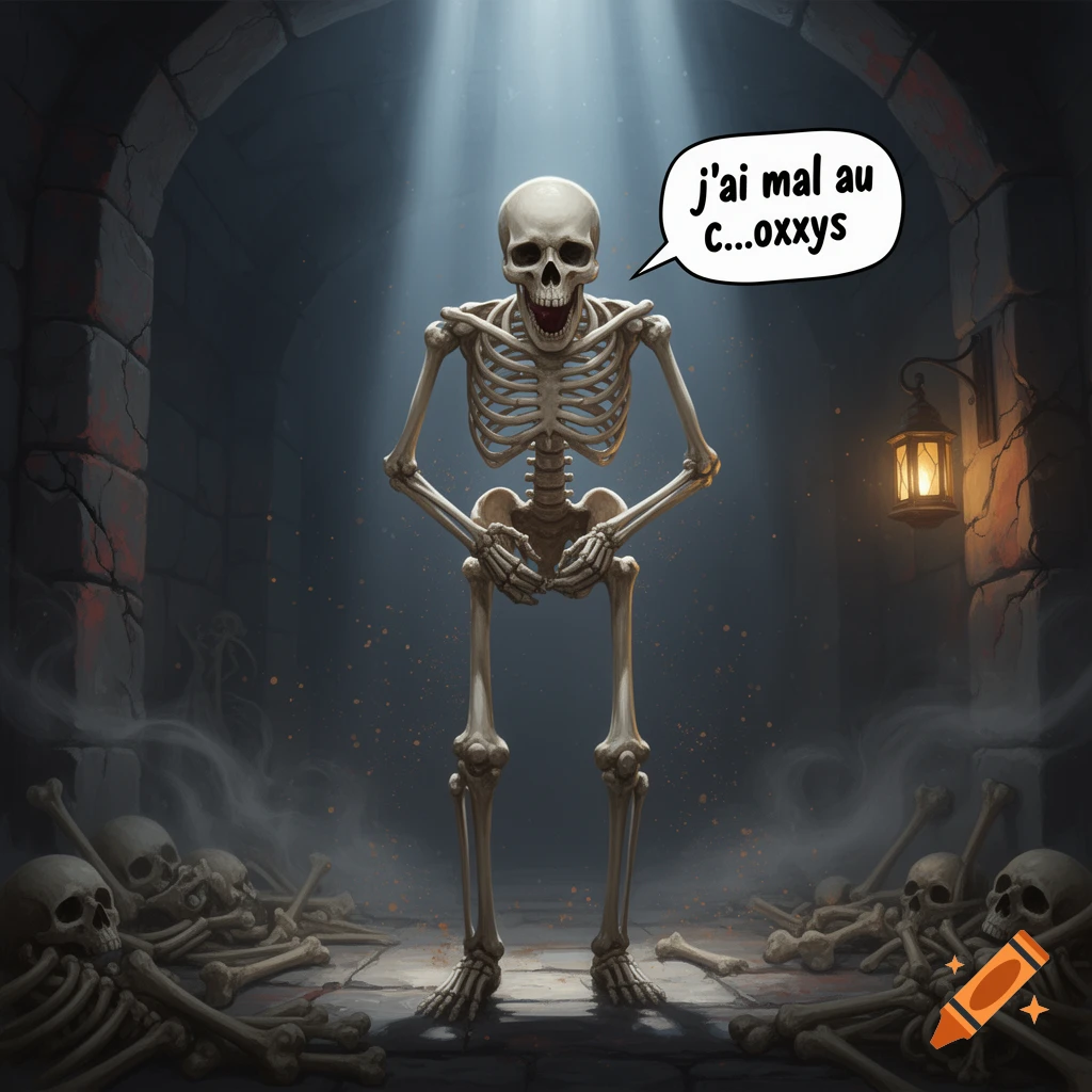 A cartoon skeleton standing in a dungeon holding its pelvis and a speech bubble reading j'ai mal au c...oxxys.