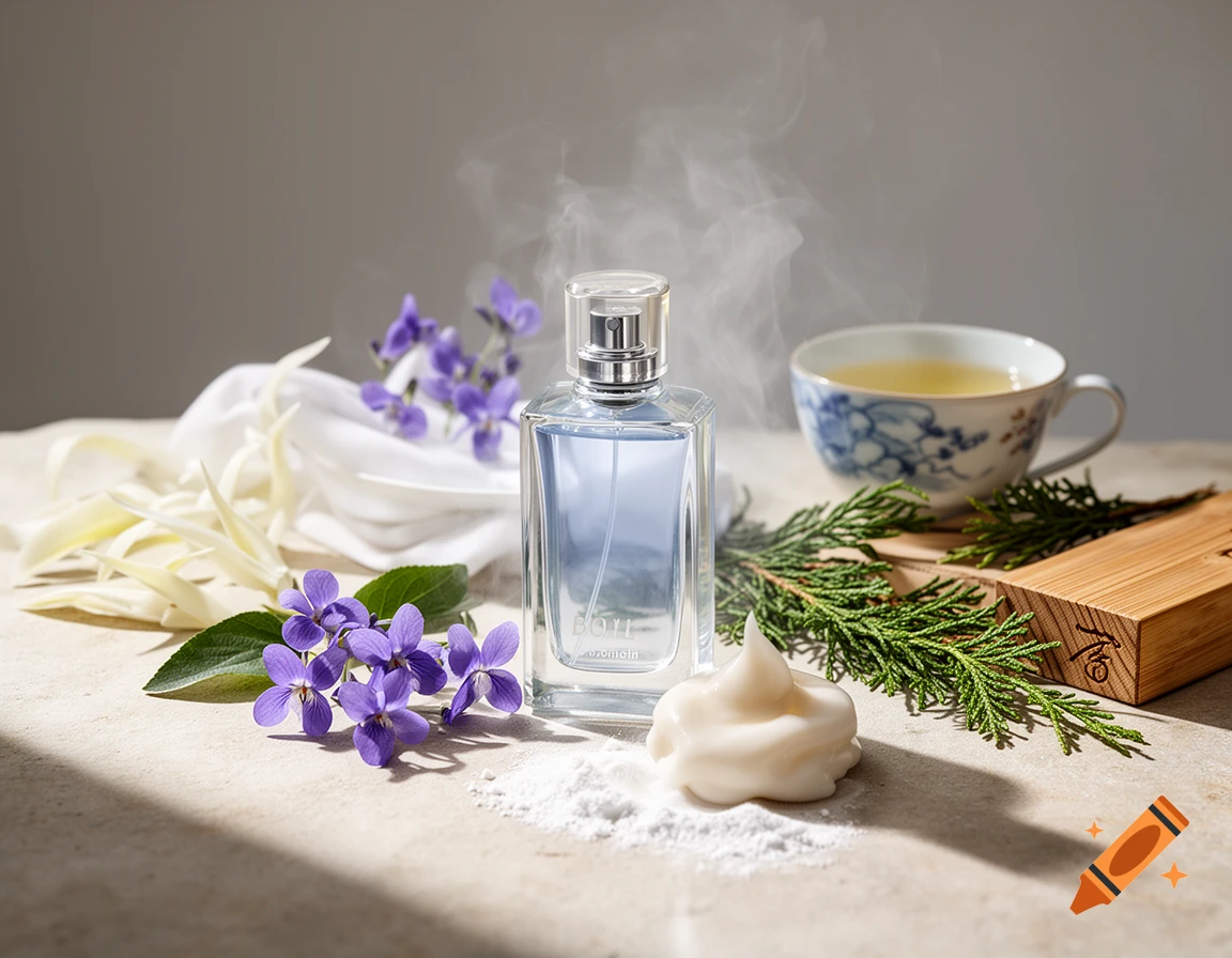 A photorealistic still life arrangement featuring a glass perfume bottle, violet flowers, white tea, and skincare products.