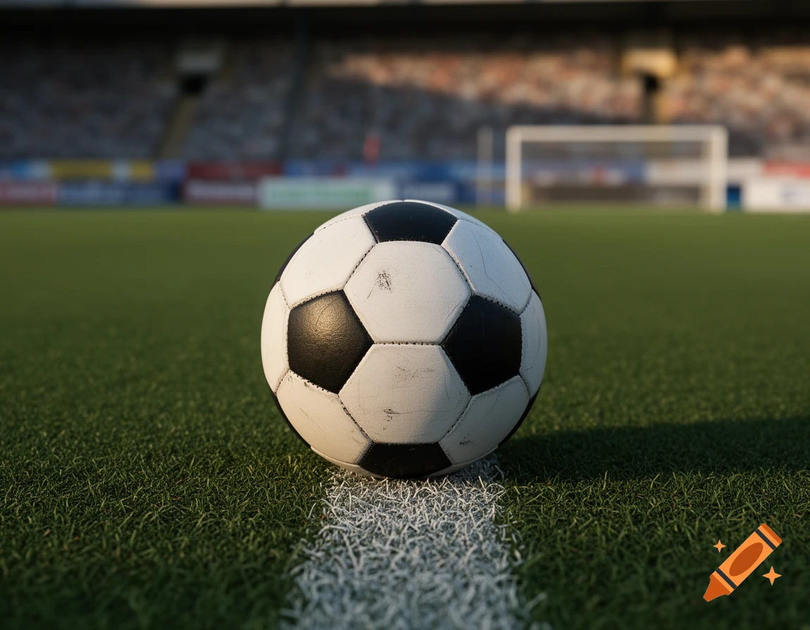 Photorealistic close-up of a black and white soccer ball resting on the white line of a green turf field inside a stadium.