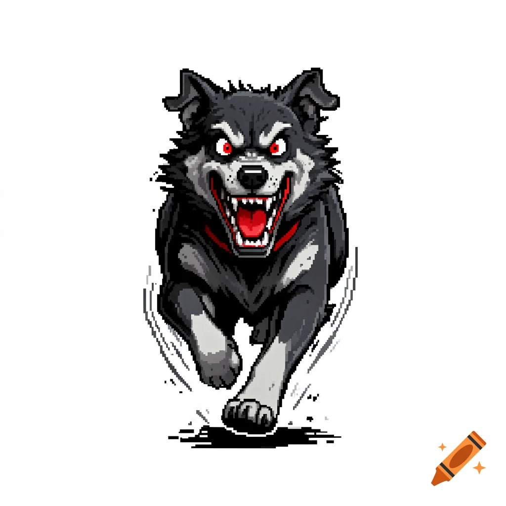Pixel art of an angry, scary black dog with red eyes running forward on a white background.