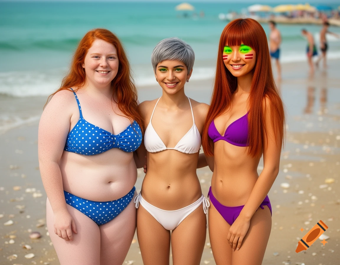 Three young women in bikinis standing together smiling on a sunny beach, photorealistic style.