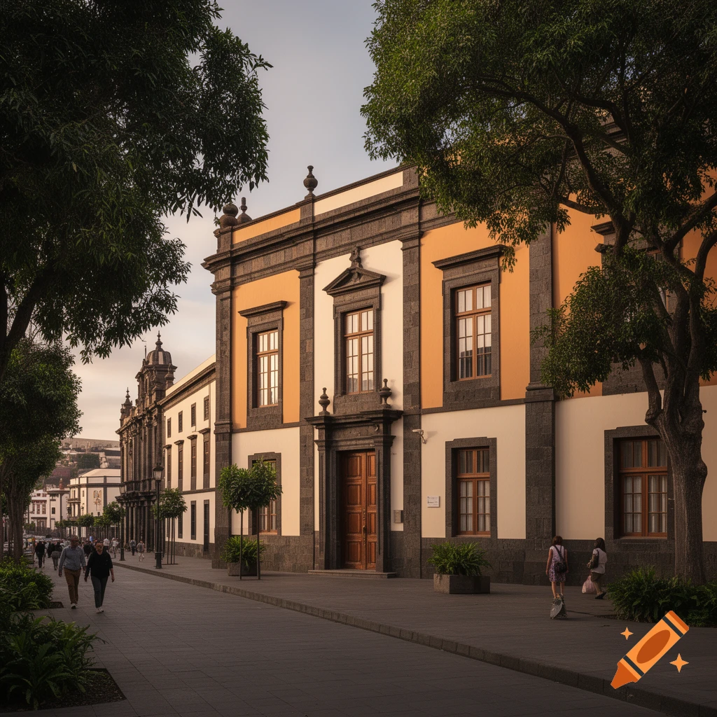Photorealistic street scene featuring a historic two-story building with yellow and white facade, dark stone framing, and large wooden doors.