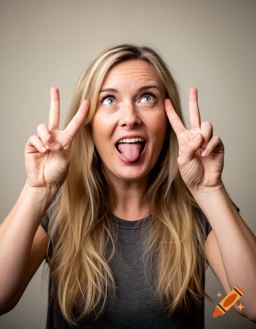 Photorealistic portrait of a blonde woman making a funny face with her tongue out and hands up in peace signs.