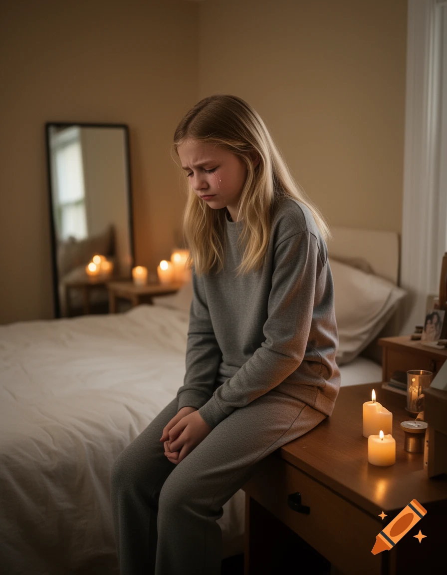 Photorealistic scene of a young blond girl crying quietly, sitting on a bedside table in a cozy bedroom with candles.