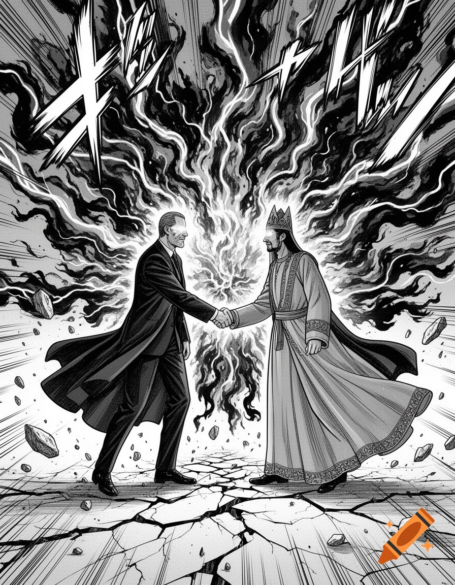 Black and white manga style panel showing two men shaking hands with glowing eyes amidst a massive aura of energy.