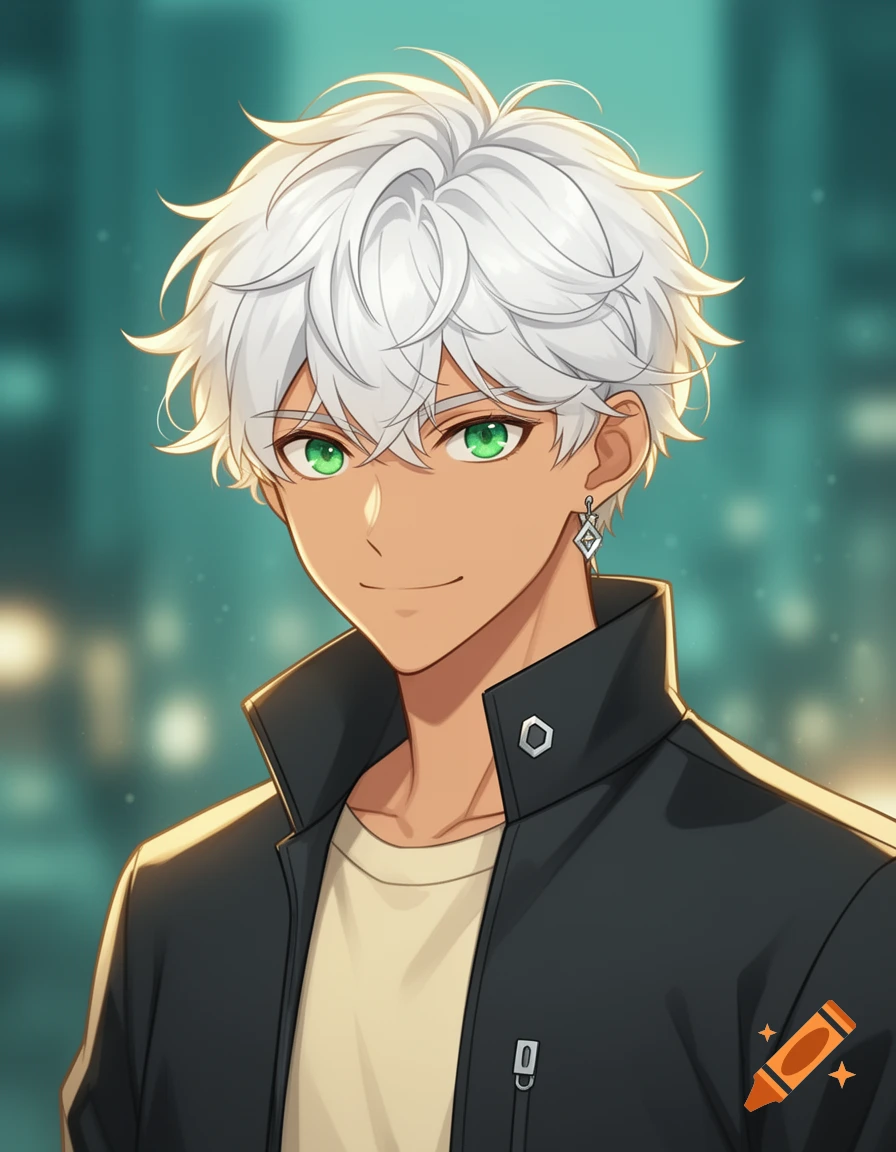 Anime style portrait of an 18-year-old male with white hair, light caramel skin, and emerald green eyes, wearing a dark jacket.