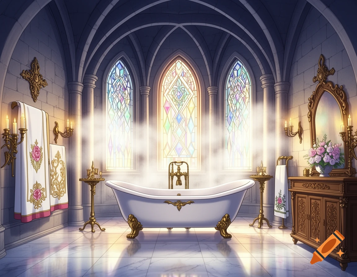 An anime-style castle bathroom featuring a white clawfoot tub filled with steam, stained glass windows, and stone archways.