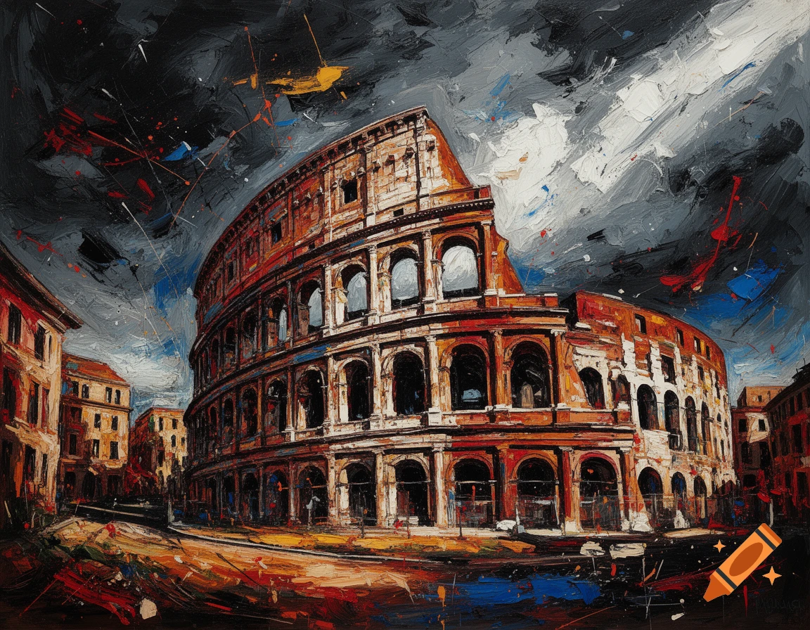 Neo-expressionist oil painting of the Colosseum in Rome under a dark, dramatic sky.