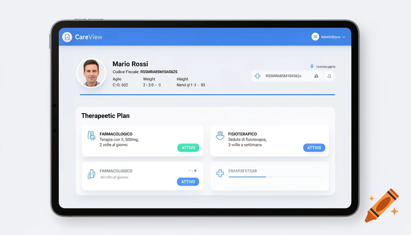 A close-up UI mockup of a medical application on a tablet screen, showing patient profile and therapeutic plans.