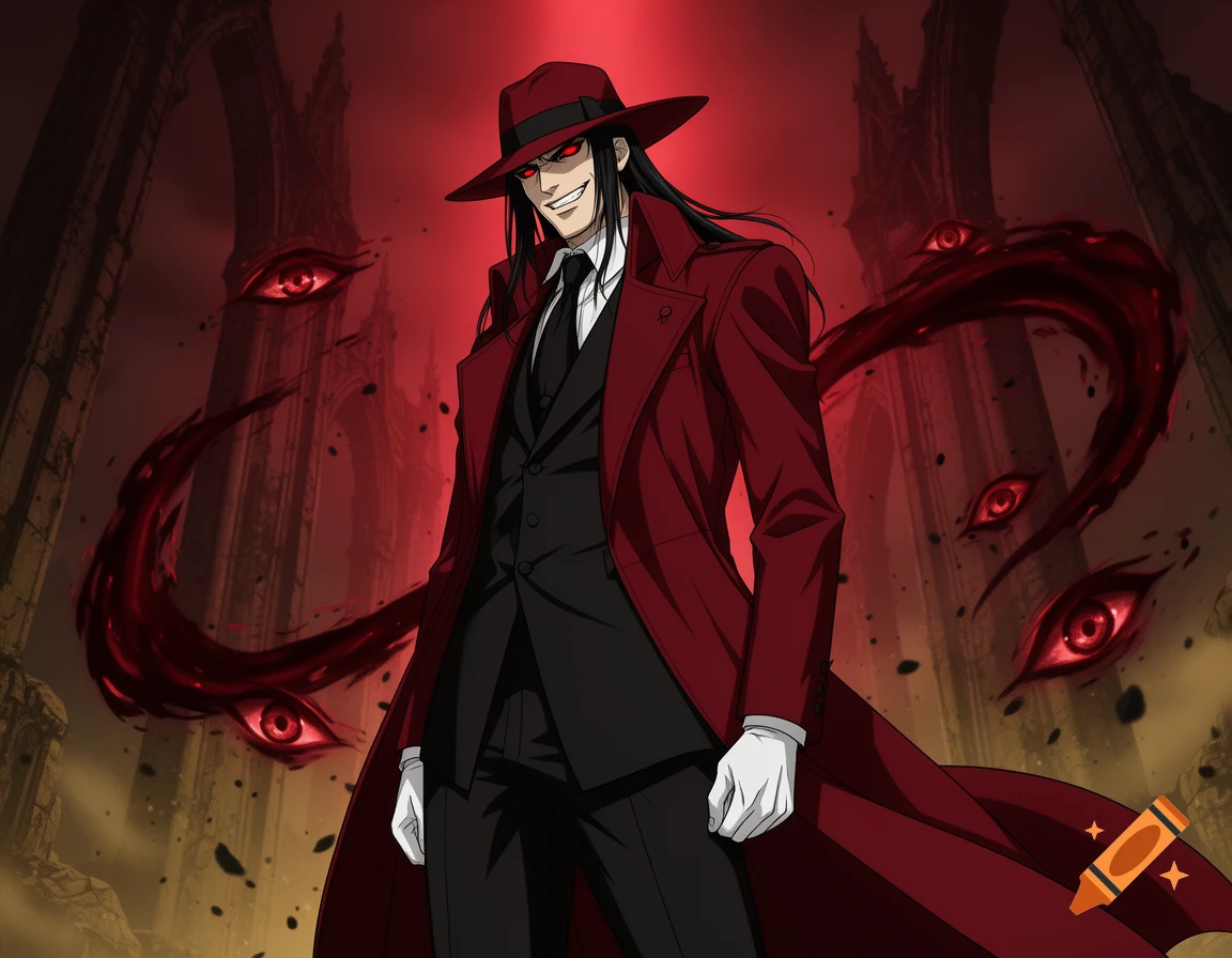 Anime style illustration of Dracula from Hellsing Ultimate wearing a red suit, fedora, and white gloves with floating red eyes.