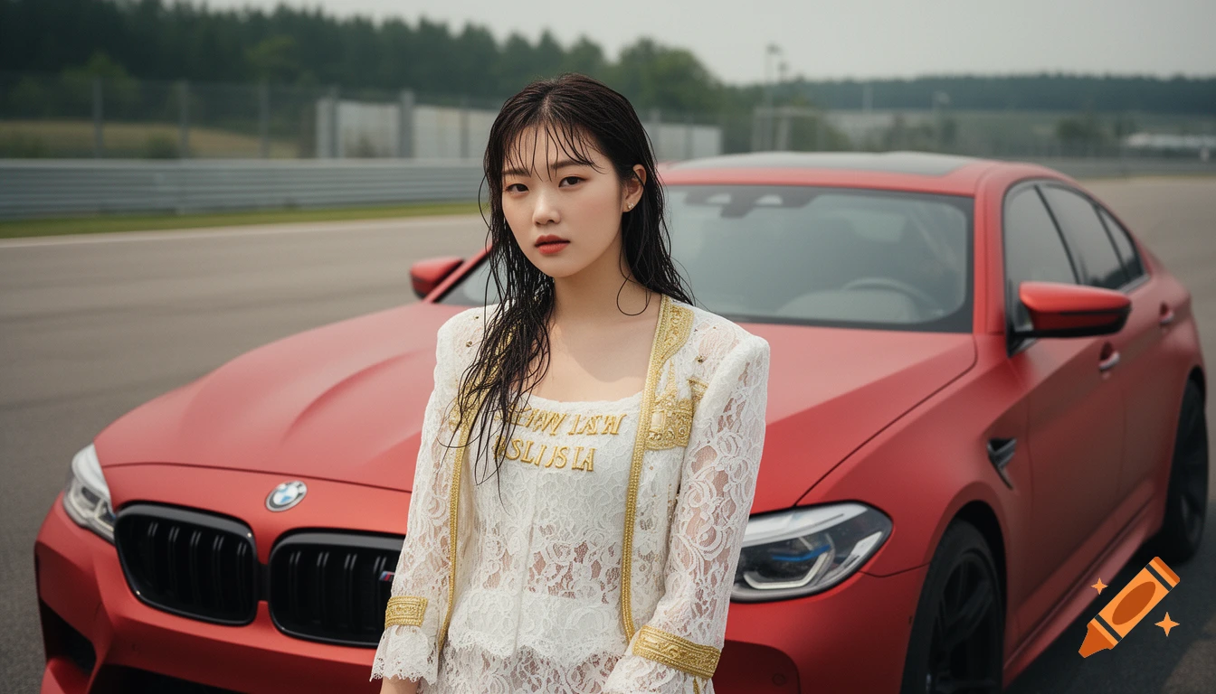 Photorealistic portrait of a young woman in a white lace jacket posing in front of a red BMW M5 drift car on a racetrack.