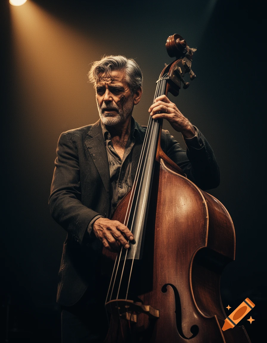Photorealistic portrait of an older, disheveled man resembling George Clooney playing the double bass in a dimly lit setting with a spotlight.
