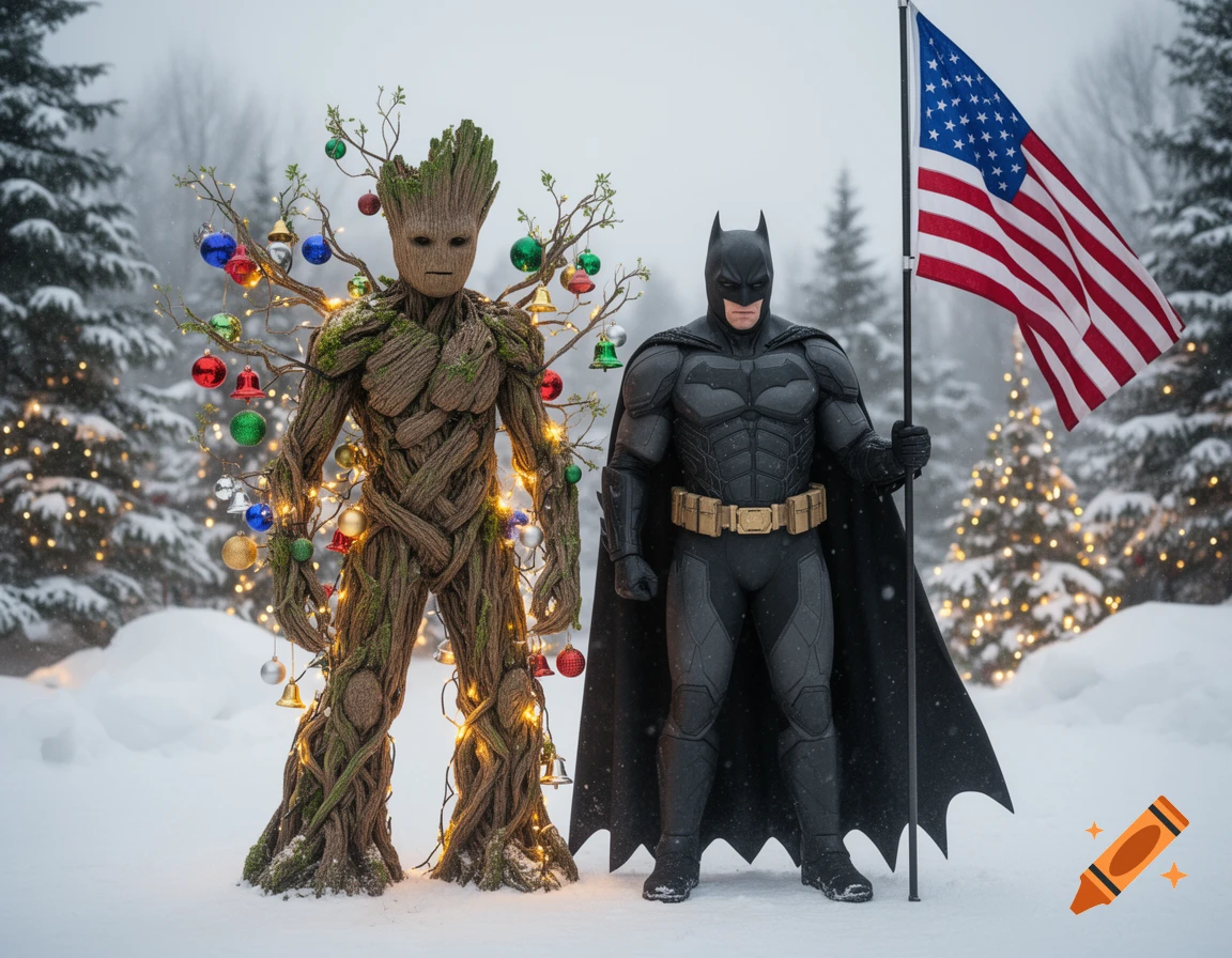 Photorealistic image of Groot decorated with Christmas ornaments and Batman holding an American flag in a snowy forest.