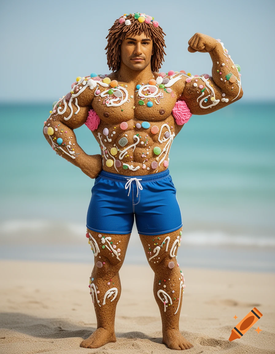 A muscular man made entirely of gingerbread and candy with shaggy hair and blue swim trunks posing on a sunny beach.