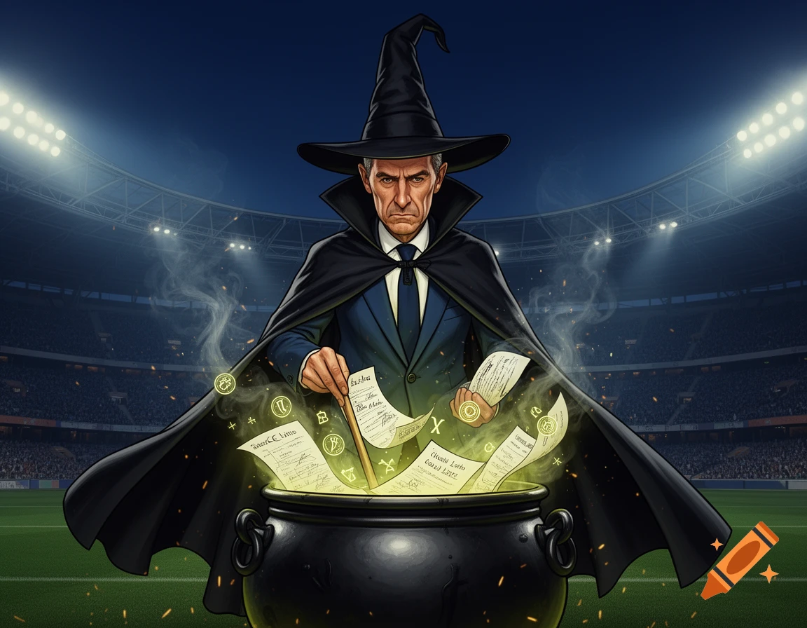 A caricature of a man in a witch hat and cloak stirring a glowing cauldron of papers inside a stadium, digital art style.
