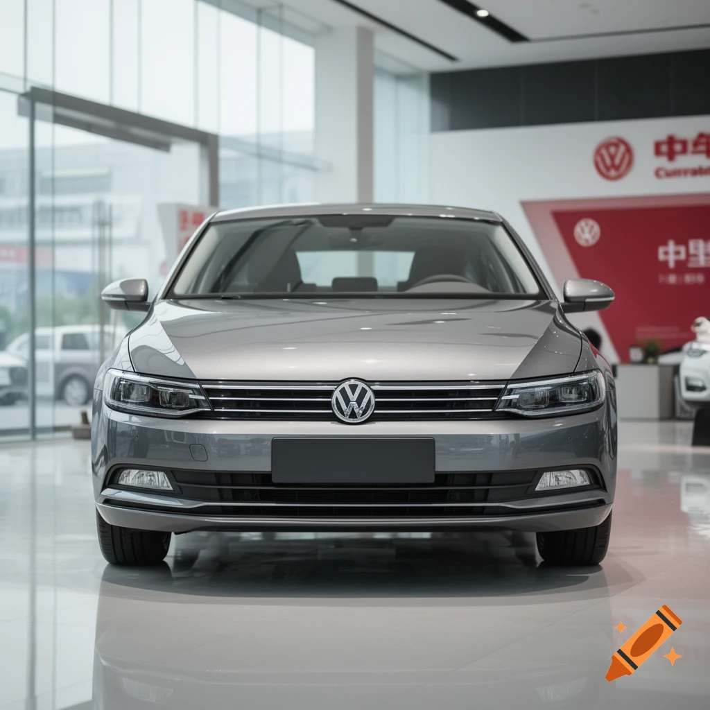 Photorealistic front view of a grey Volkswagen sedan parked inside a bright dealership showroom.