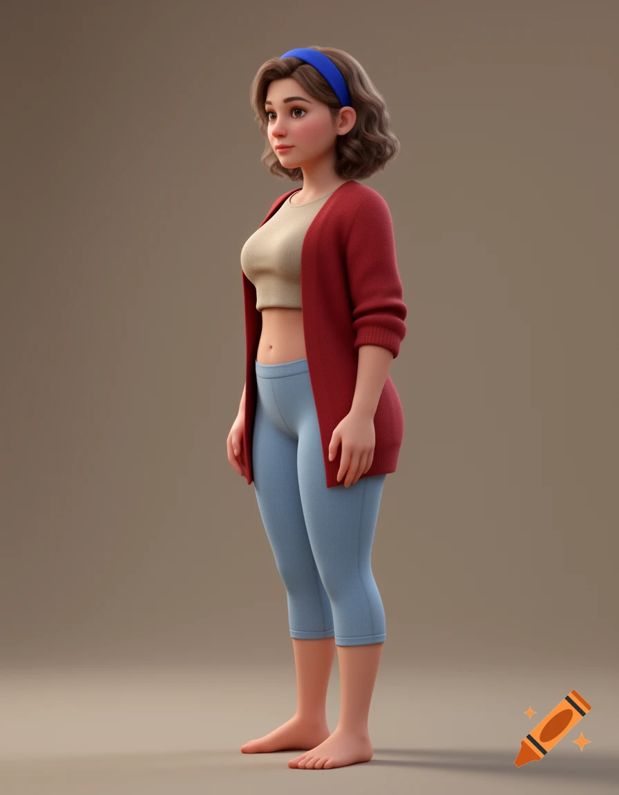 3d character model of a young woman with a pear-shaped figure wearing a beige crop top, red cardigan, and blue capri pants.