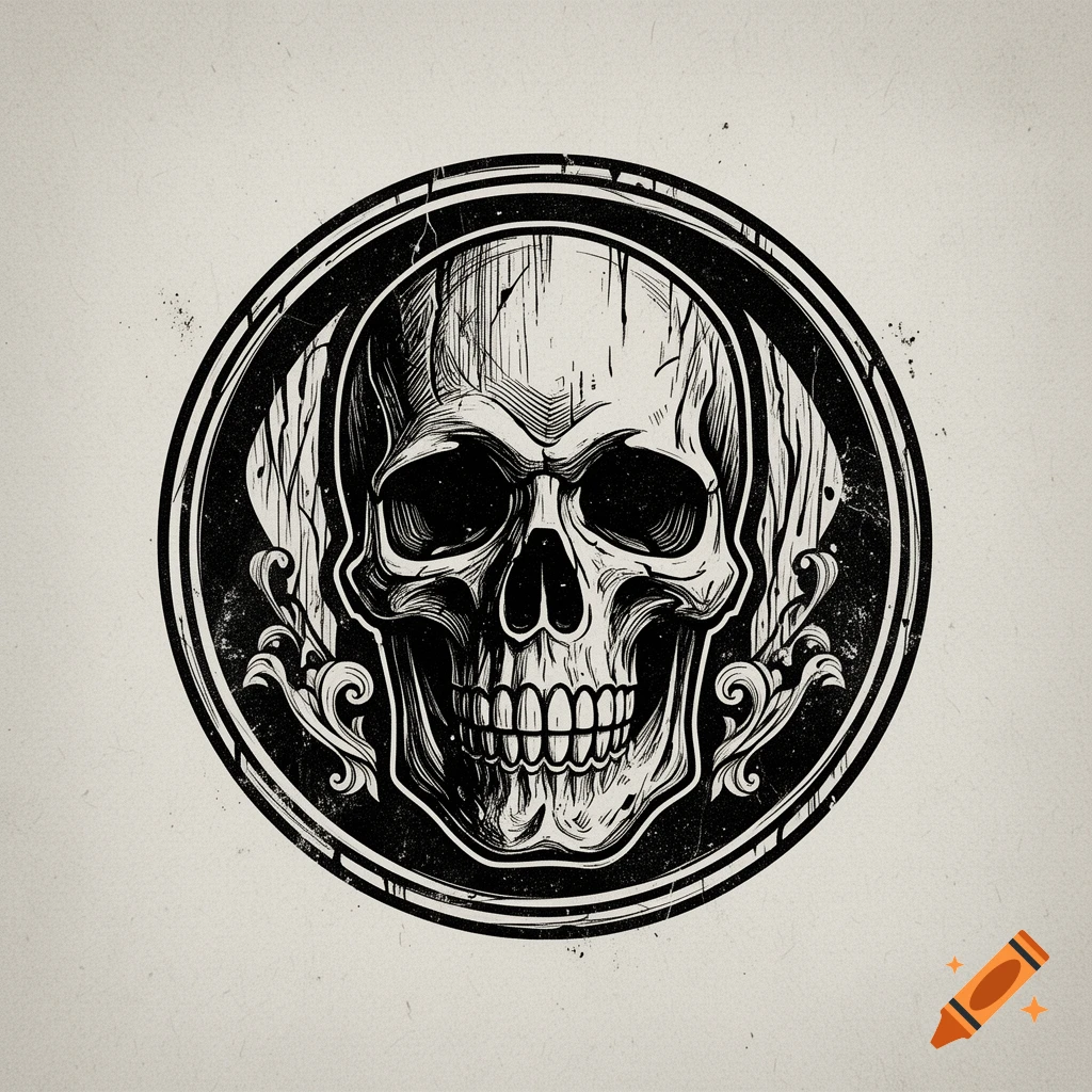 Woodcut style illustration of a human skull inside a circular frame with decorative elements.