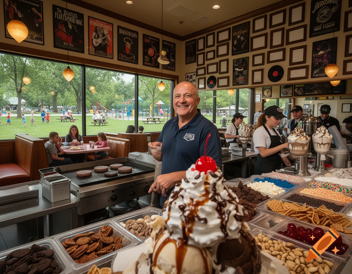 Photorealistic interior of an ice cream and burger restaurant with an owner smiling in the foreground and customers outside.