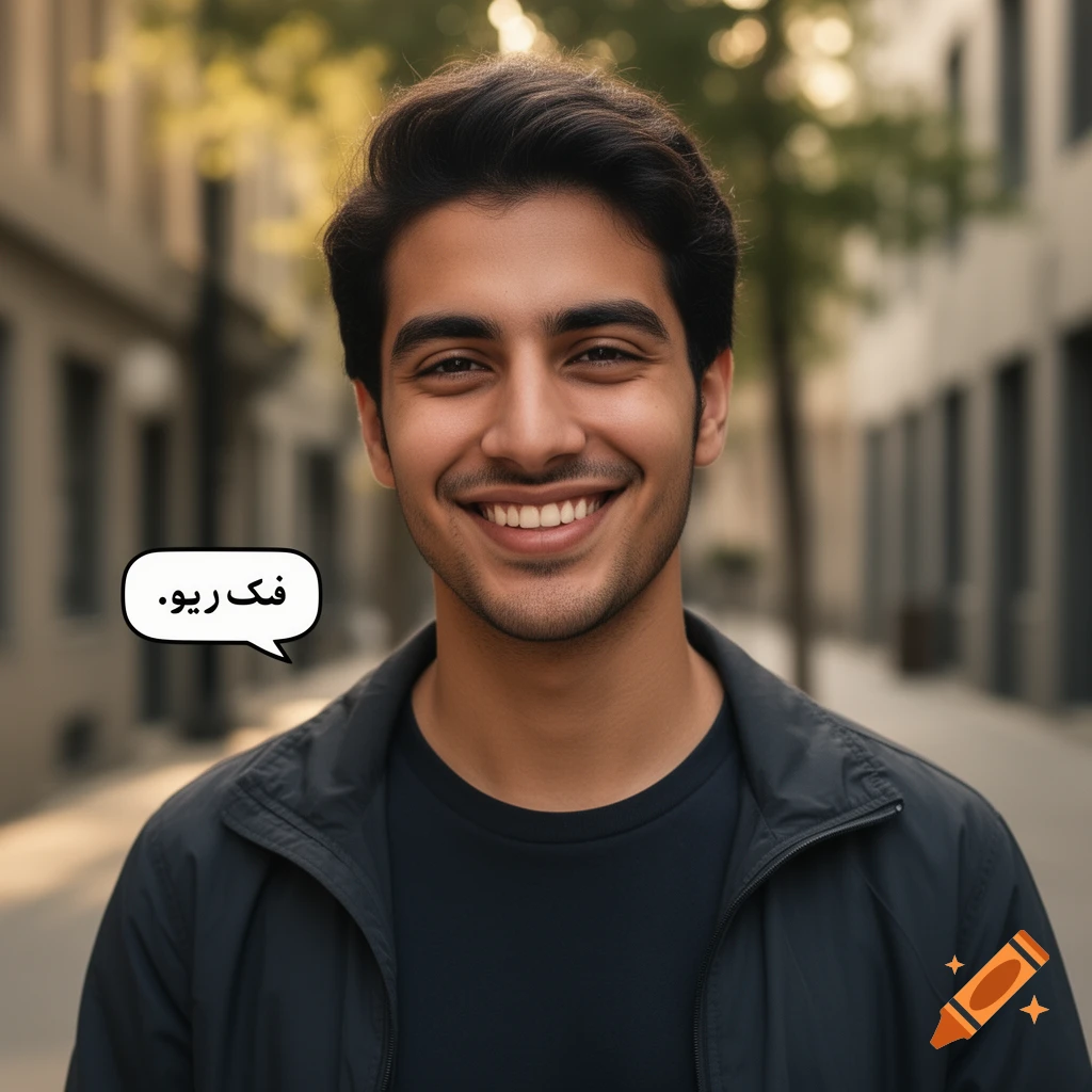Photorealistic portrait of a smiling young man in an urban street setting with a speech bubble.