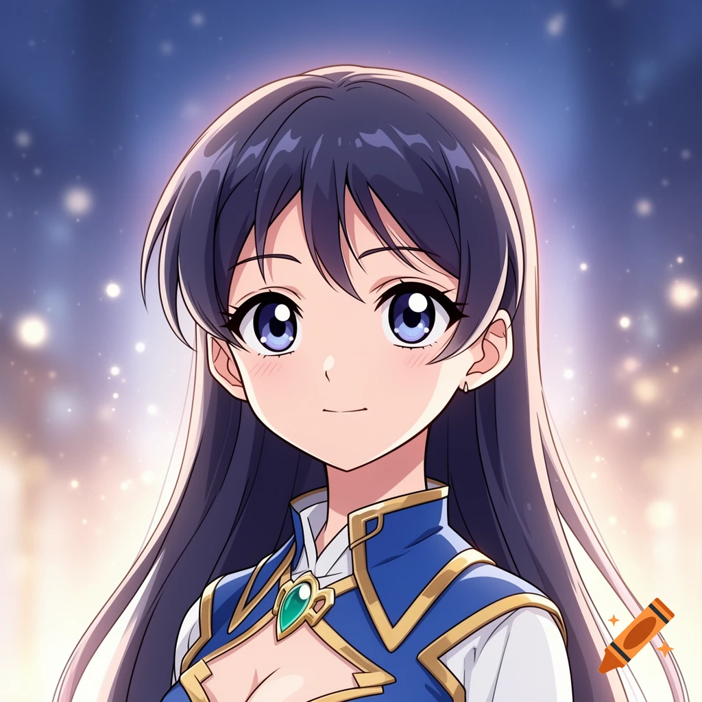 2D anime style portrait of a smiling young woman with long dark blue hair and blue eyes, wearing a blue and gold outfit.