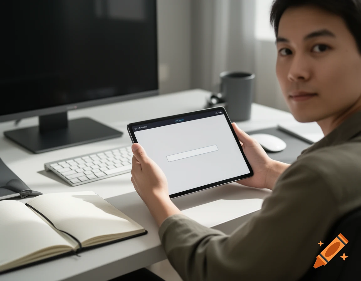 A young man holding a tablet while looking back at the camera in a modern office setting.