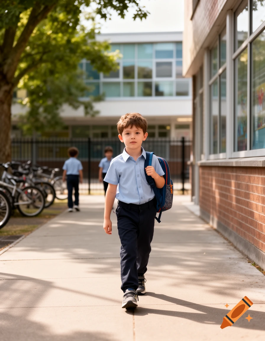 A young boy with a backpack walks down a school sidewalk, with other children and a school building in the background.