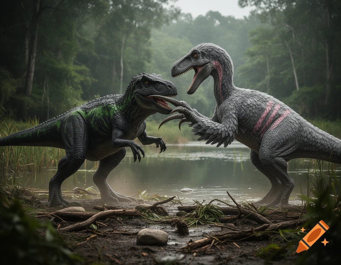 Photorealistic image of two dinosaurs, a Giganotosaurus and a Therizinosaurus, facing each other at the edge of a lake in a dense forest.