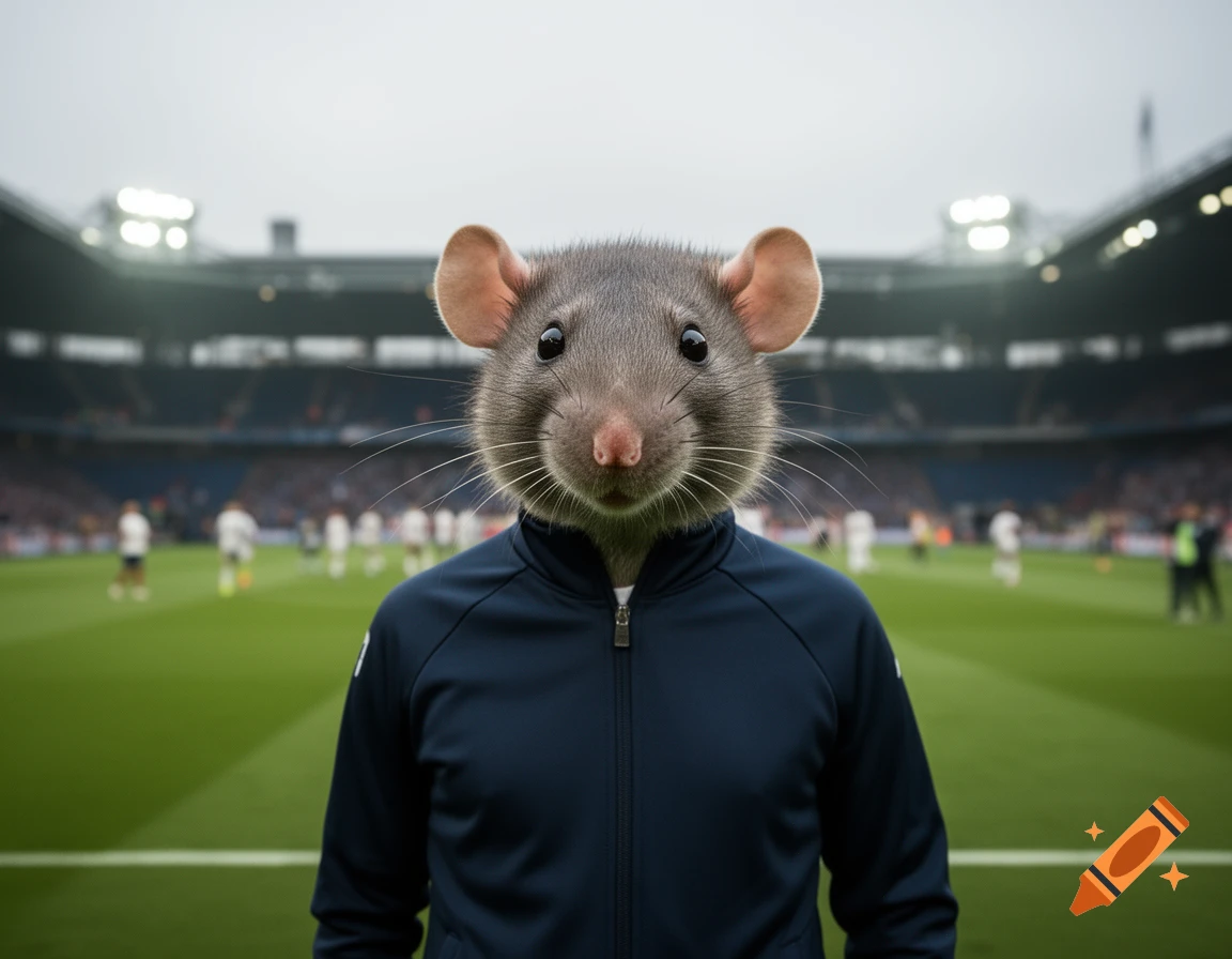 Photorealistic portrait of a rat wearing a blue athletic tracksuit standing in a soccer stadium.