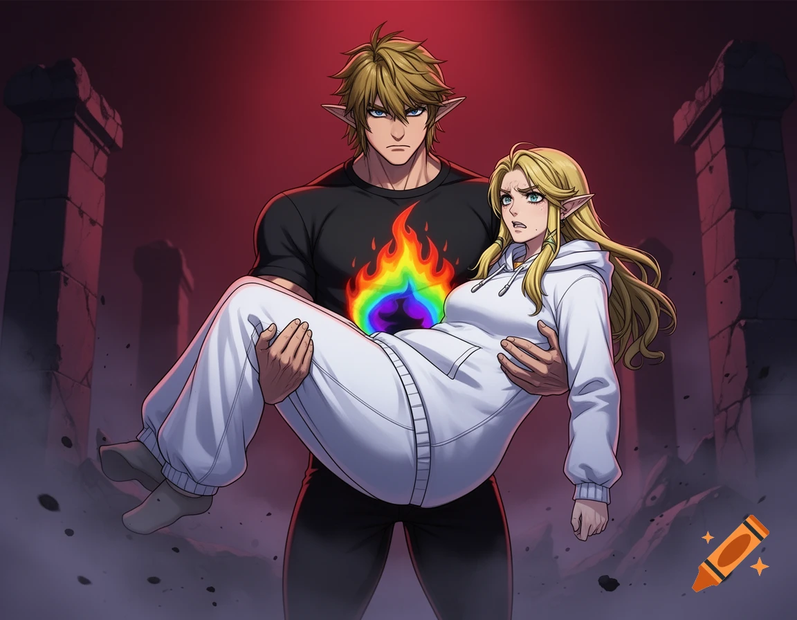 Anime style illustration of a muscular elf holding an inflated woman in a white hoodie in front of ruined pillars.