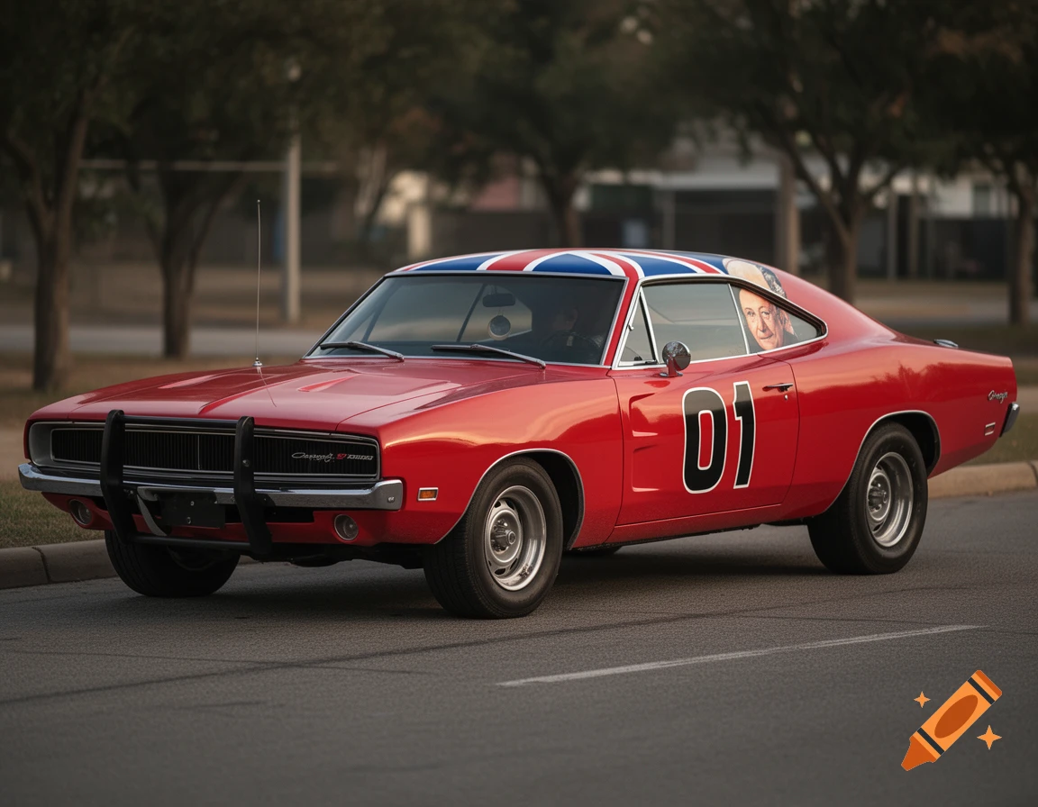 Photorealistic red 1969 Dodge Charger with a Union Jack roof, a portrait of Winston Churchill, and the number 01 on the door, parked on a street.