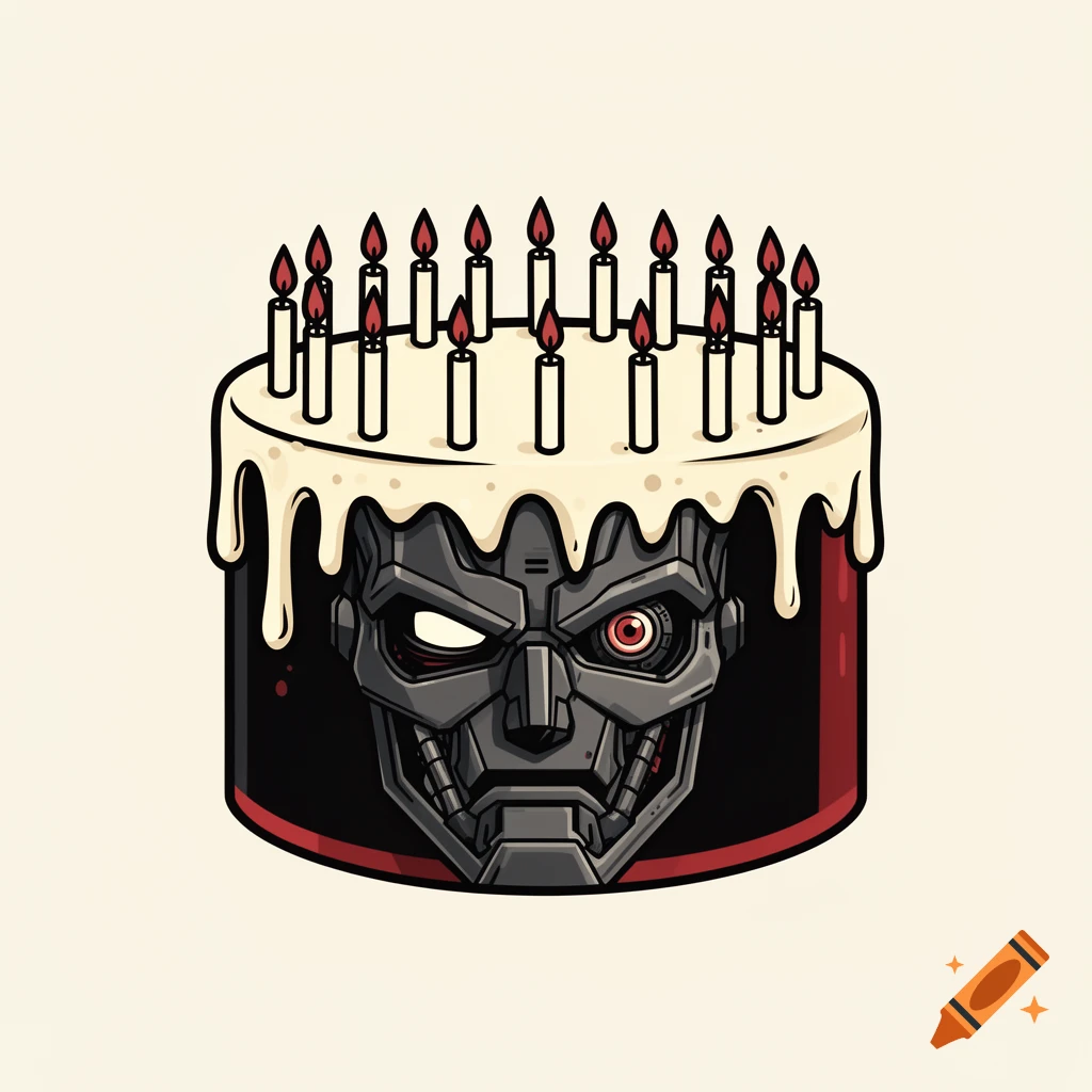 Vector illustration of a birthday cake with candles, melting icing revealing a terminator robot face underneath.